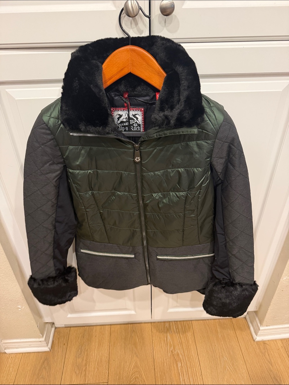Alp N Rock Green and Black Quilted Puffer Jacket with Faux Fur Trim